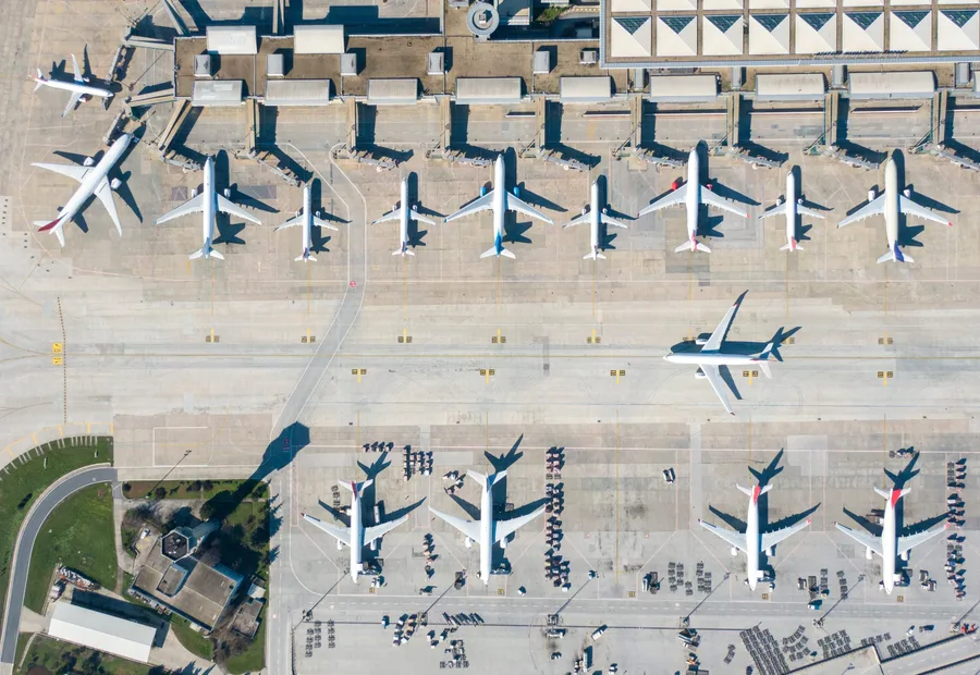 Aerial view of aircraft on an airport apron
