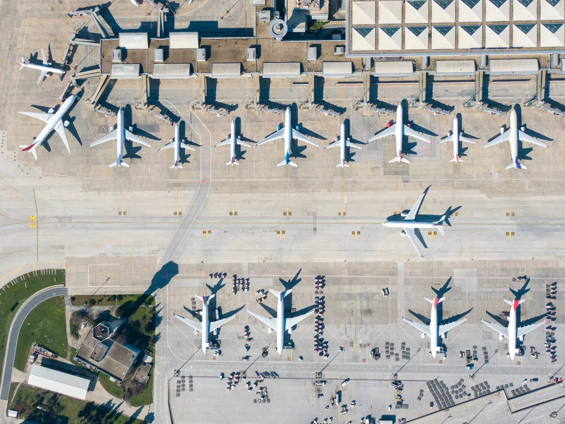Aerial view of aircraft parked on an airport apron