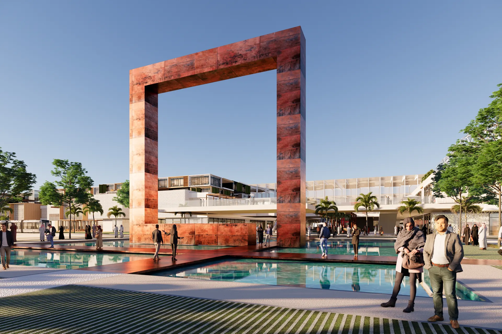 The Harbor signature gateway frame over the water plaza on the Obhur waterfront