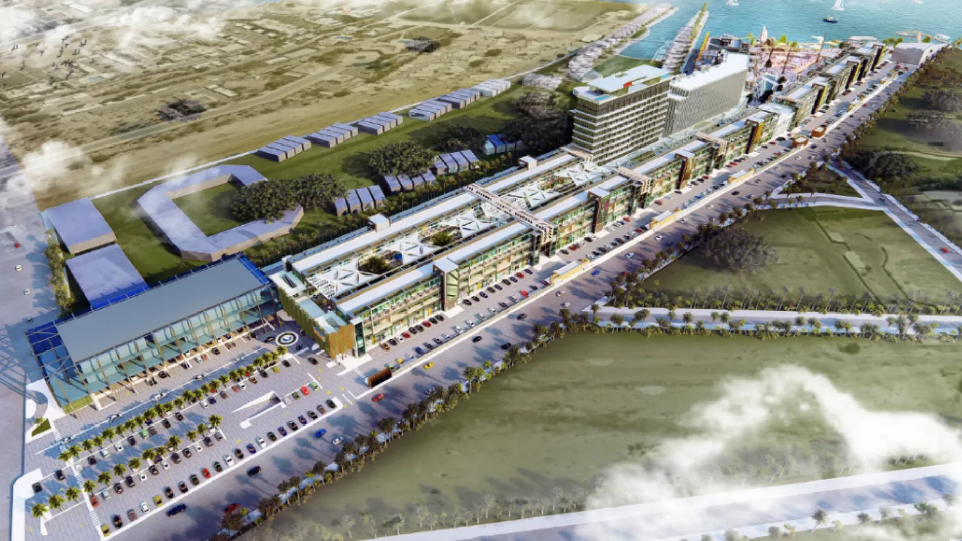 Aerial view of The Harbor waterfront retail spine along the Obhur corniche