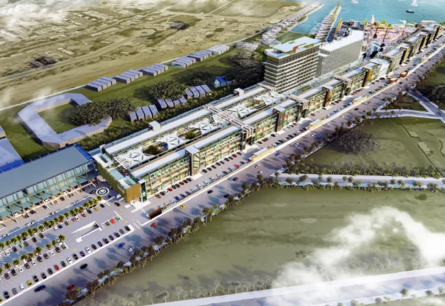 Aerial view of The Harbor waterfront retail spine in Obhur