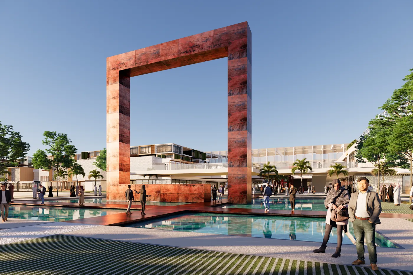 The Harbor signature gateway frame over the water plaza